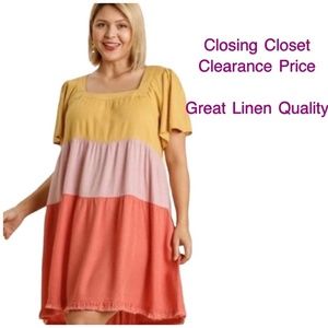 CLEARANCE- XL Umgee Linen Blend Tiered Color Block Dress
